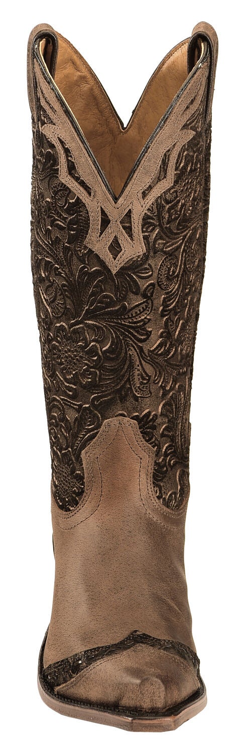 Image #4 - Boulet Women's Fancy Hand Tooled Inlay Western Boots - Snip Toe, Tobacco, hi-res