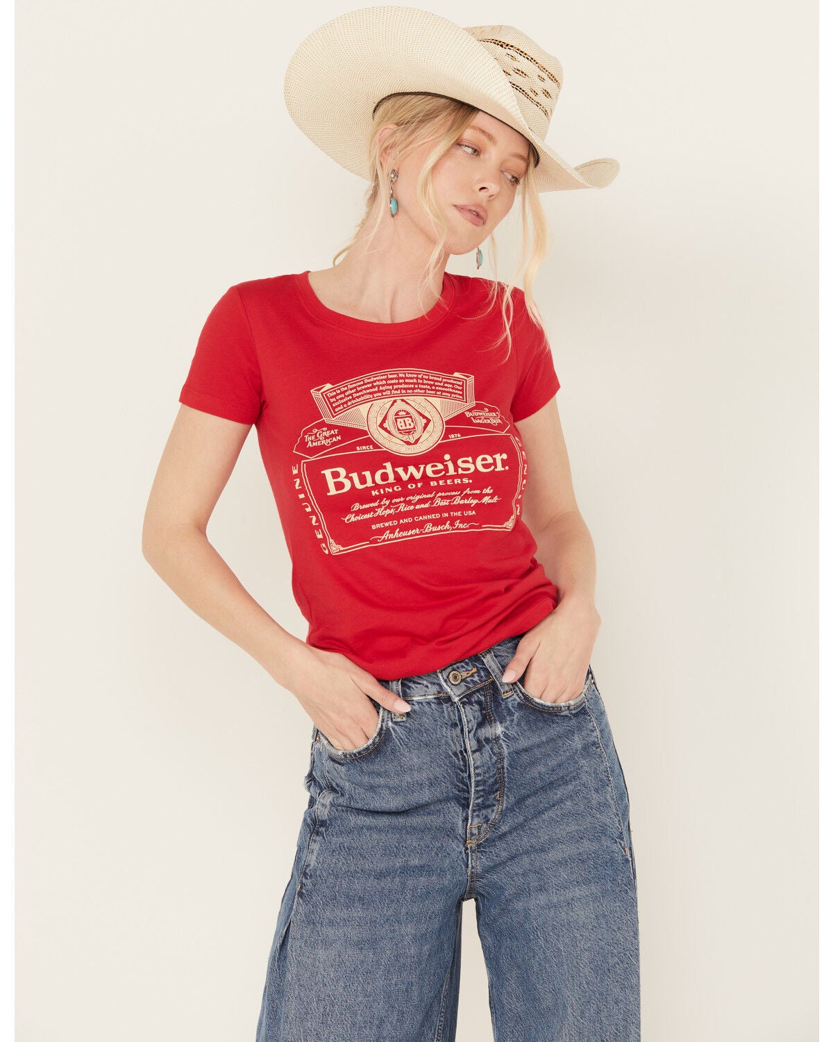 Brew City Beer Gear Women's Budweiser Short Sleeve Graphic Tee, Red, hi-res