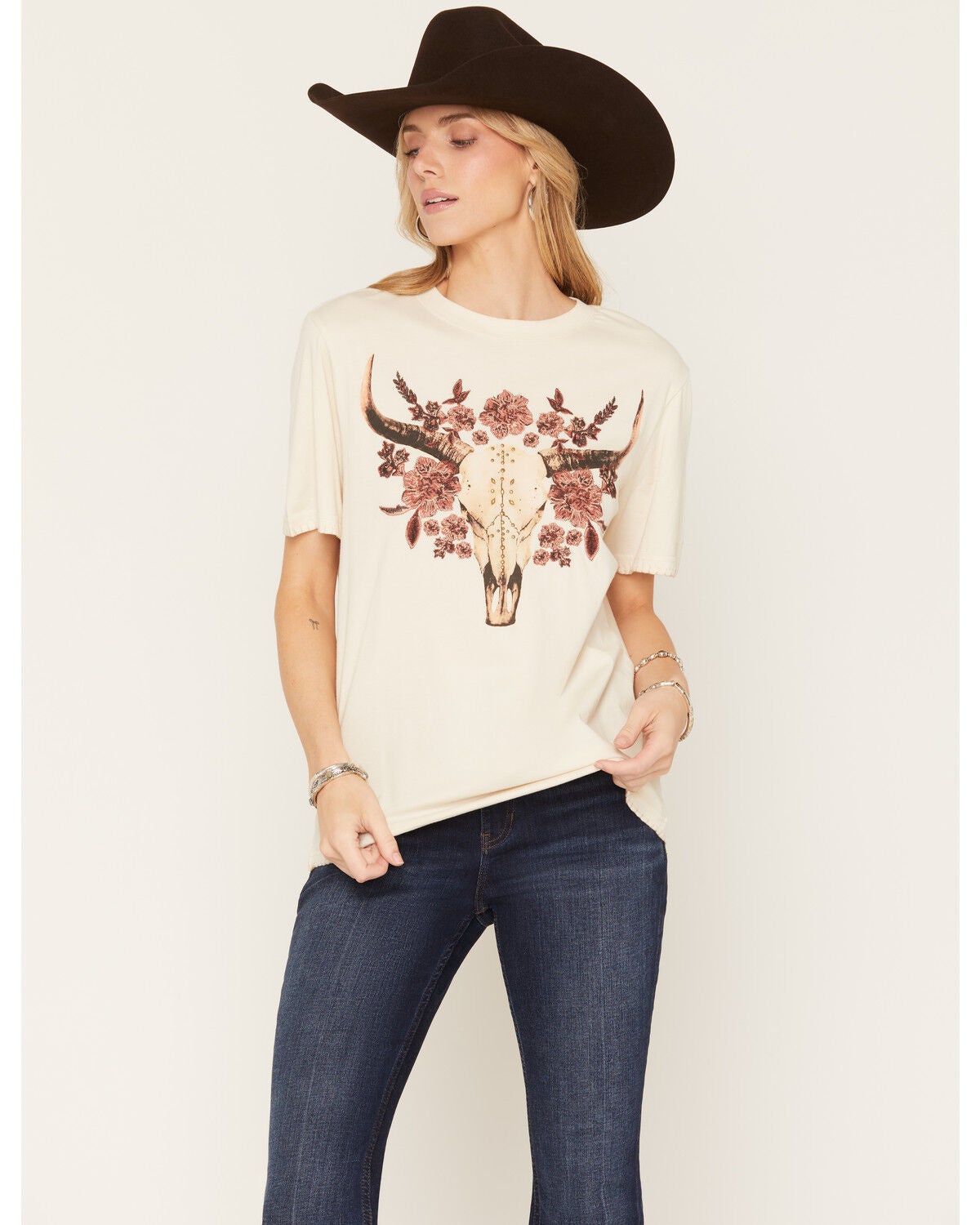 Shyanne Women's Embroidered and Studded Bull Skull Short Sleeve Graphic Tee, Natural, hi-res