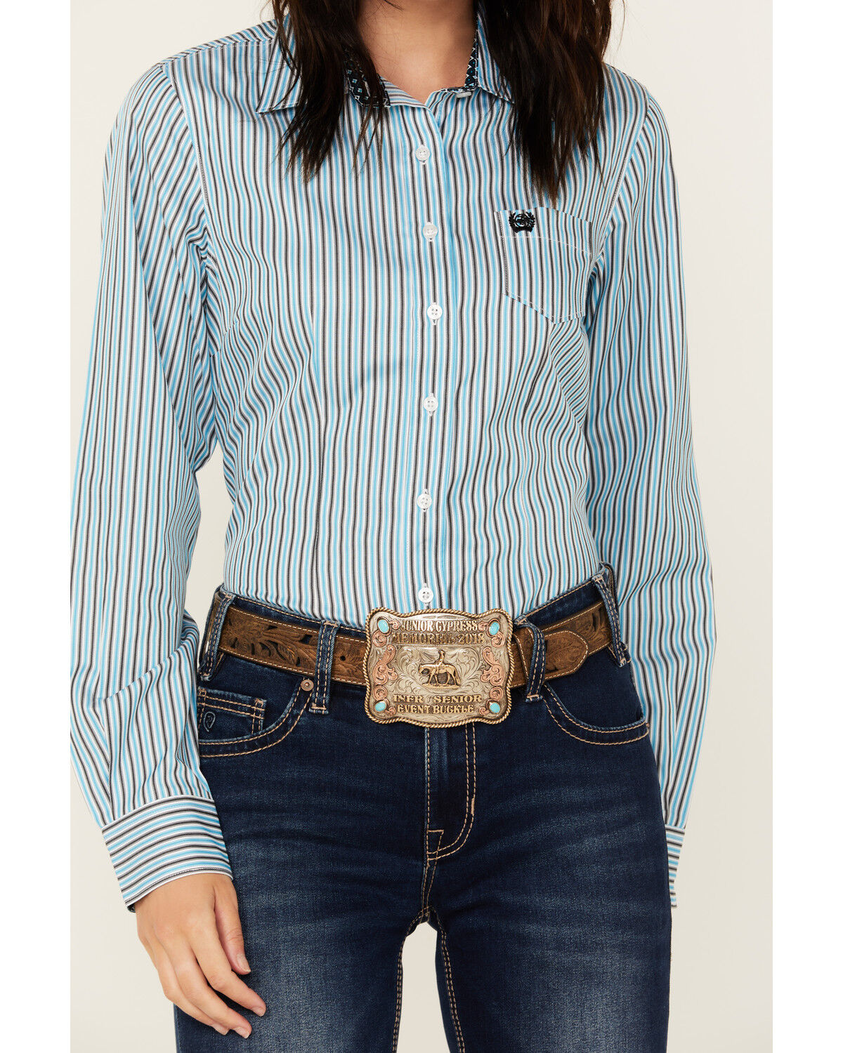 Image #3 - Cinch Women's Striped Long Sleeve Button-Down Western Core Shirt, Blue, hi-res