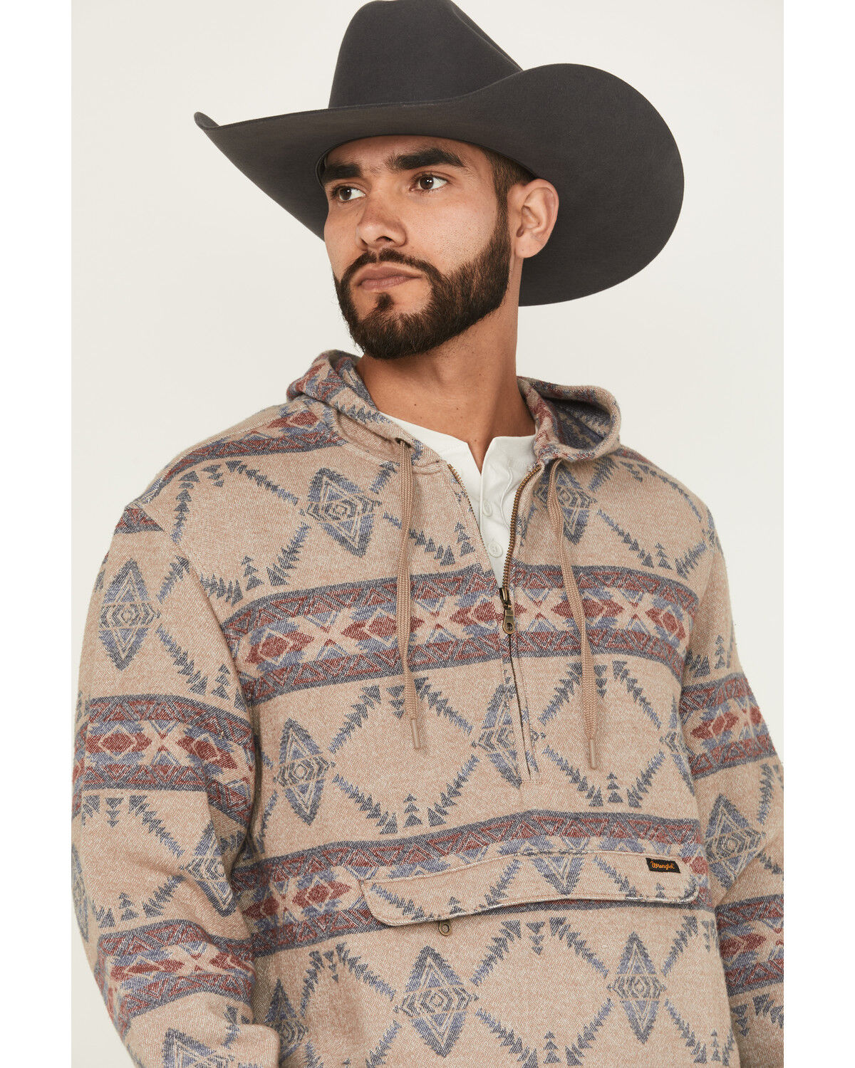 Image #2 - Wrangler Men's Southwestern Print 1/4 Zip Hooded Pullover, Taupe, hi-res