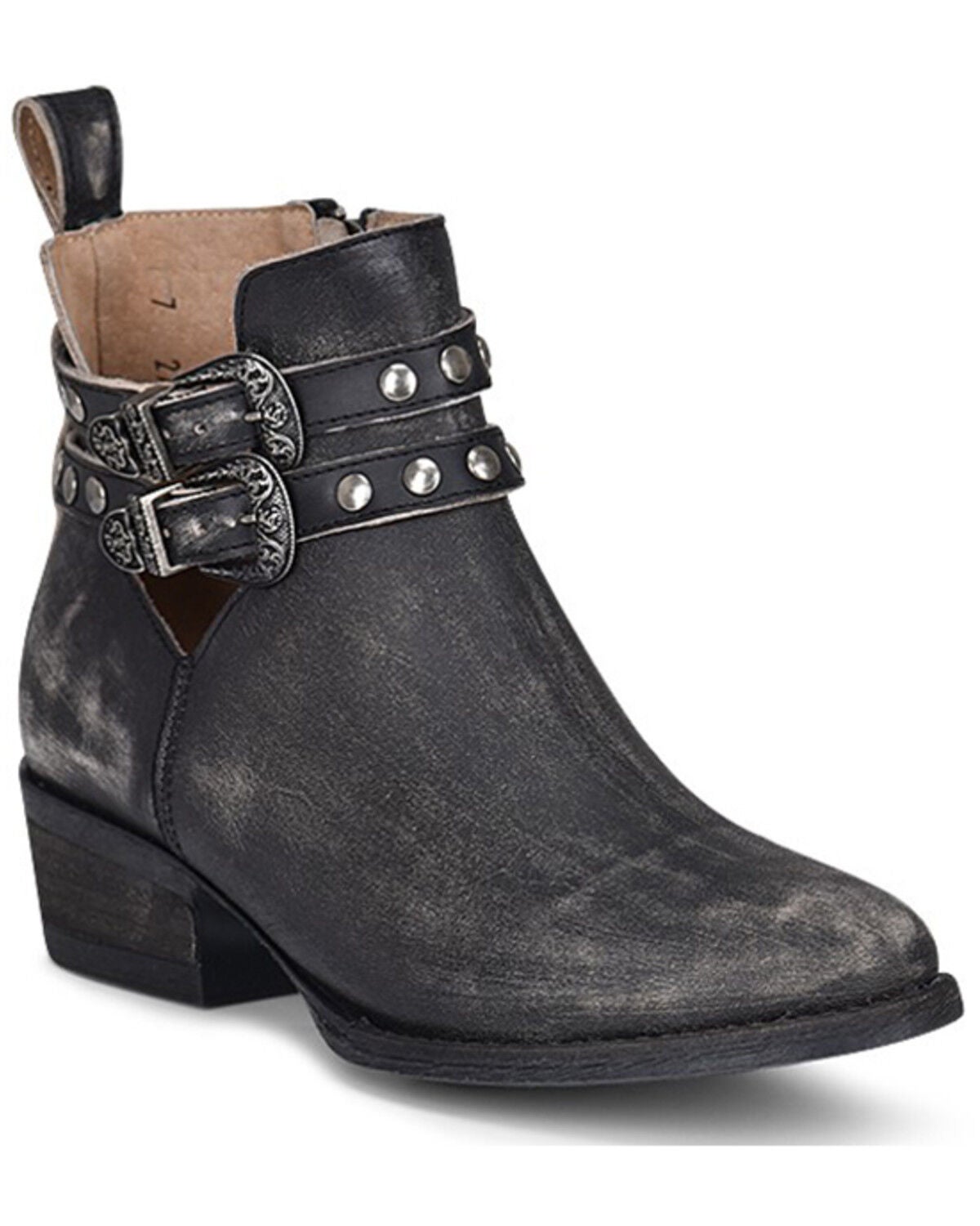 Circle G Women's Studded Harness Booties - Round Toe, Black, hi-res