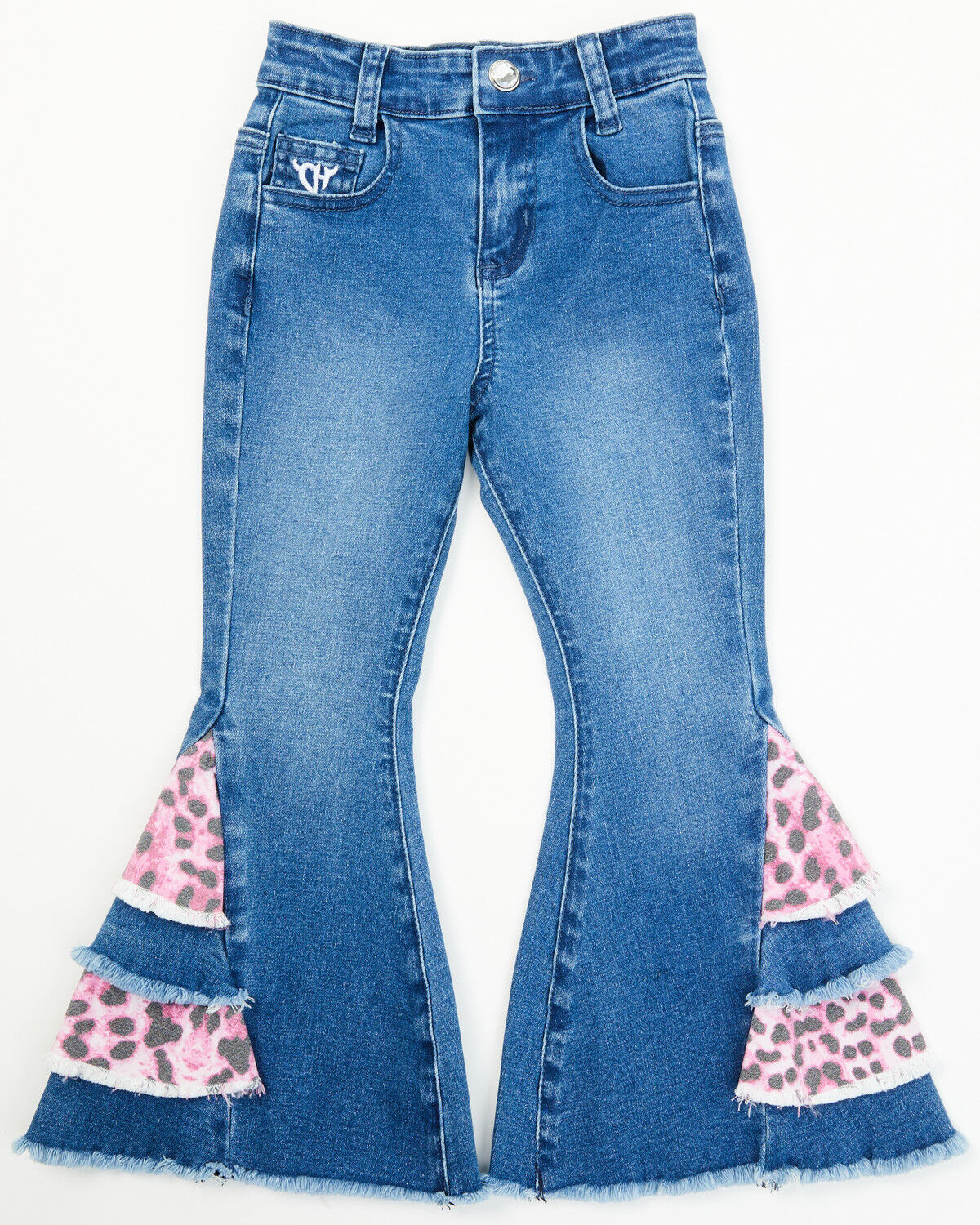 Image #1 - Cowgirl Hardware Toddler Girls' Leopard Print Side Ruffle Flare Jeans, Blue, hi-res