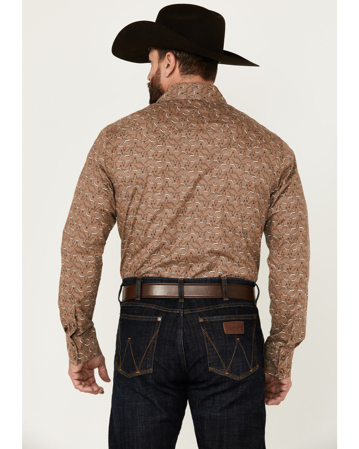 Image #4 - Rock & Roll Denim Men's Longhorn Print Long Sleeve Pearl Snap Stretch Western Shirt, Brown, hi-res
