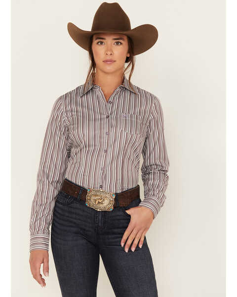 Cinch Women's Striped Long Sleeve Button Down Western Core Shirt, Burgundy, hi-res