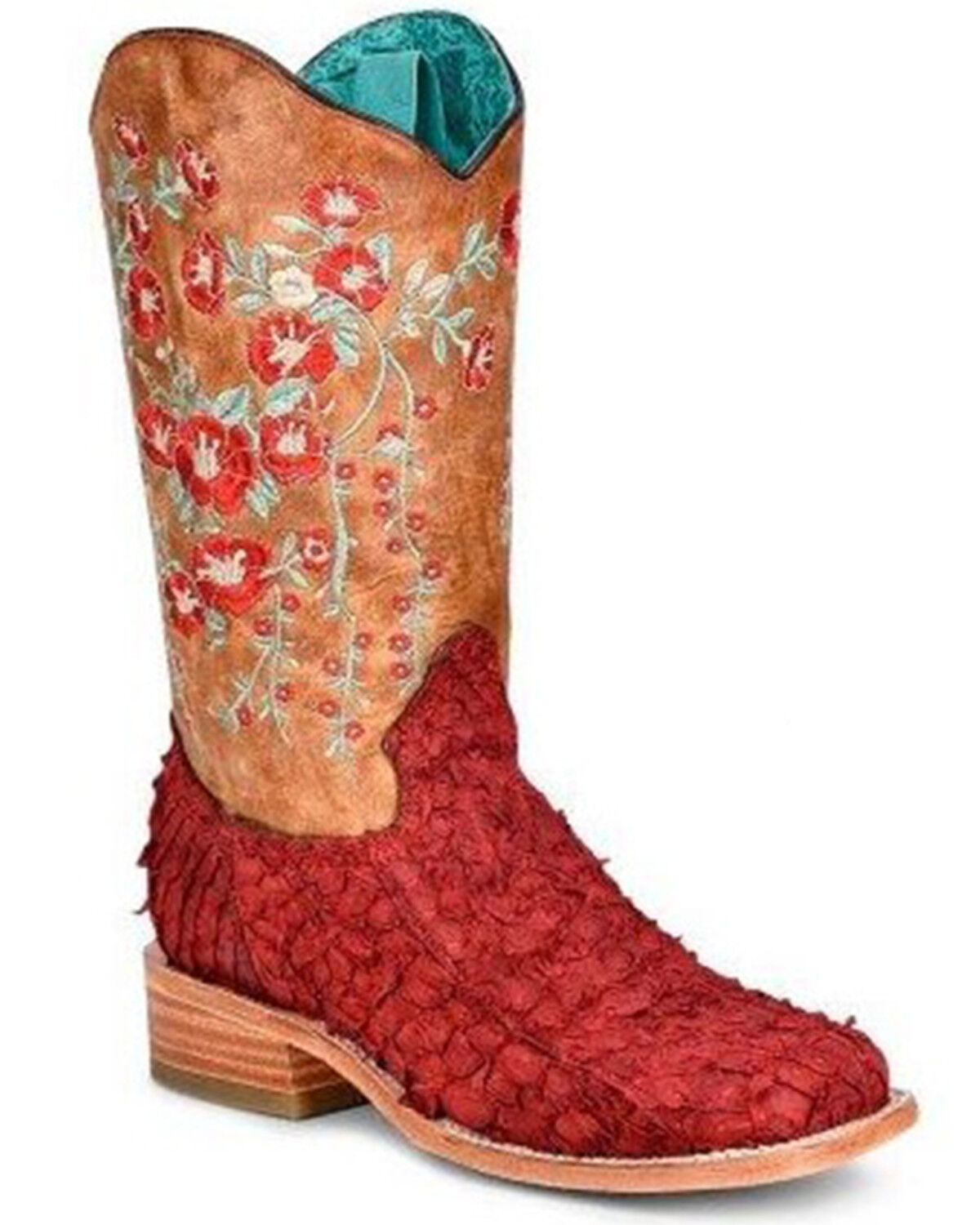 Image #1 - Corral Women's Rodeo Collection Embroidered Floral Pirarucu Western Boots - Broad Square Toe, Turquoise, hi-res