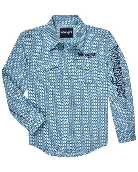 Wrangler Boys' Geo Print Long Sleeve Snap Western Shirt, Blue, hi-res