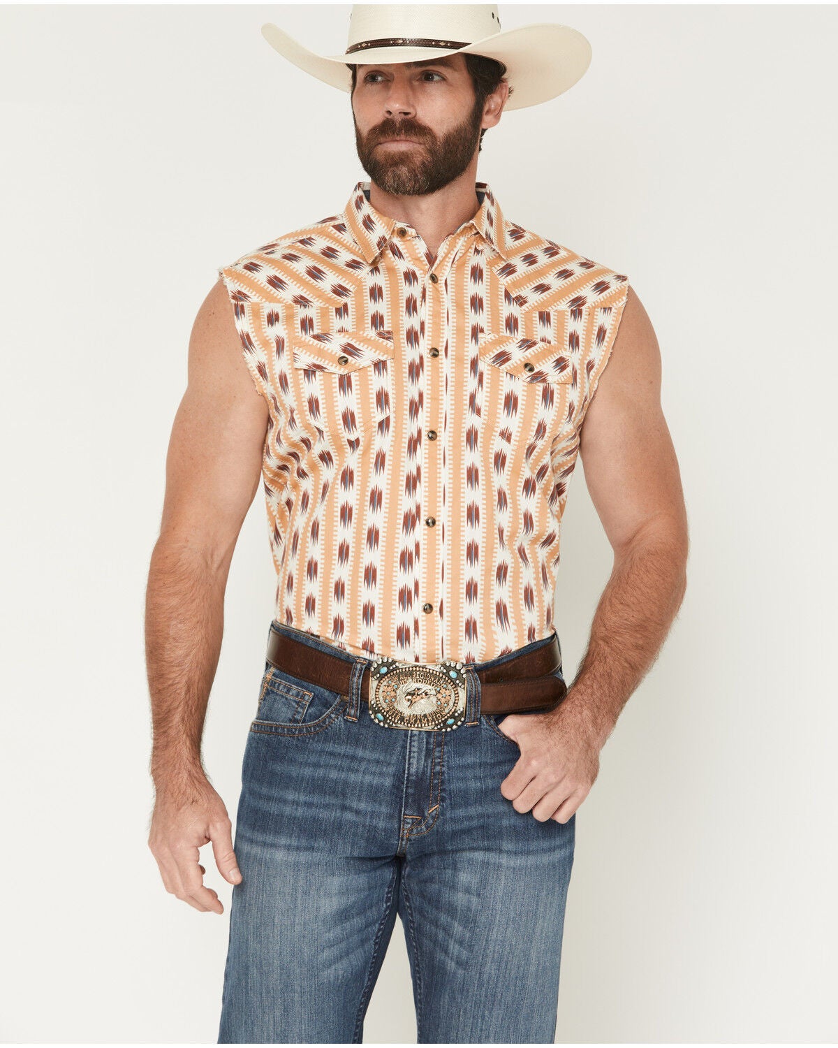 Image #1 - Cody James Men's Saint Southwestern Stripe Print Sleeveless Snap Western Bubba, Ivory, hi-res