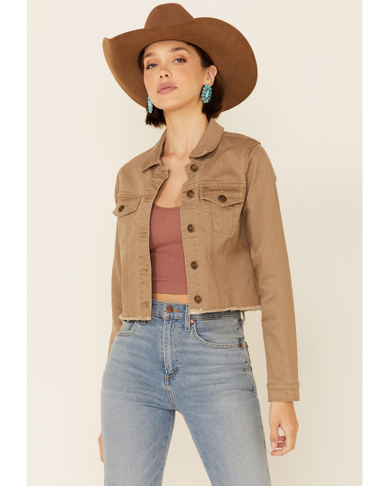 Cropped denim jacket khaki cheap