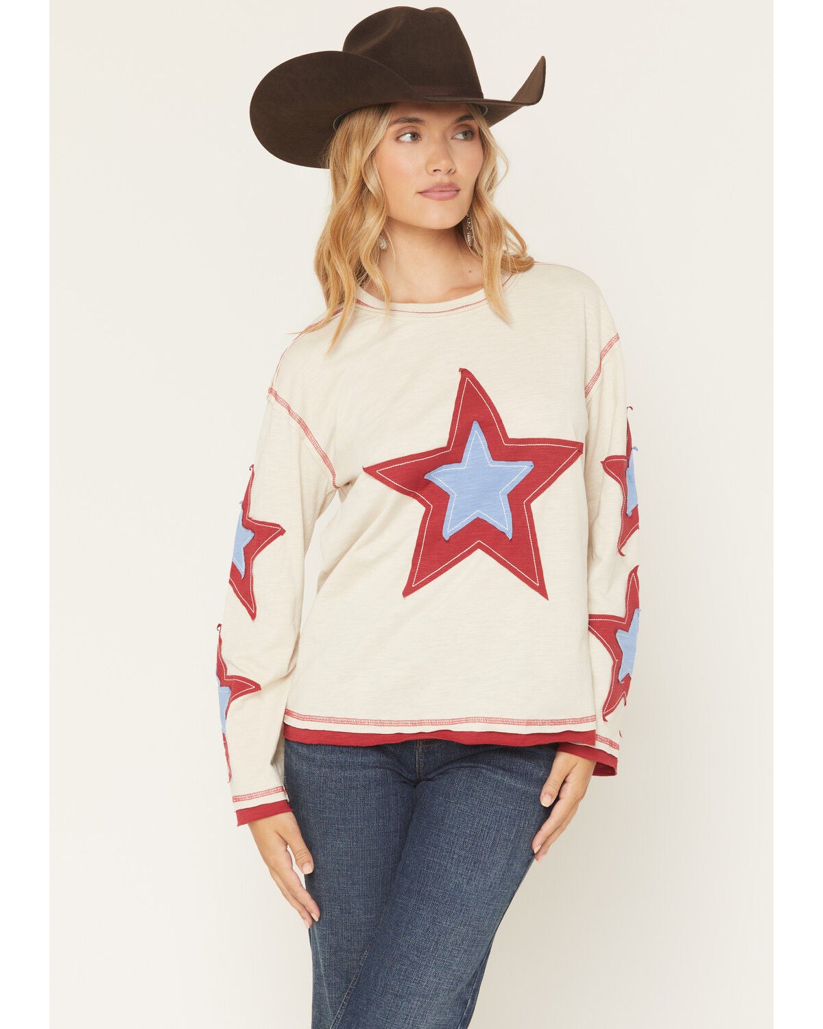 Image #1 - Blended Women's Long Sleeve Star Patchwork Top, Cream, hi-res