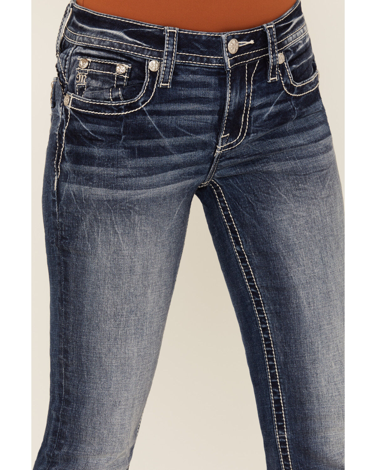 Image #4 - Miss Me Women's Dark Wash Mid Rise Agate Pocket Bootcut Stretch Denim Jeans, Dark Wash, hi-res