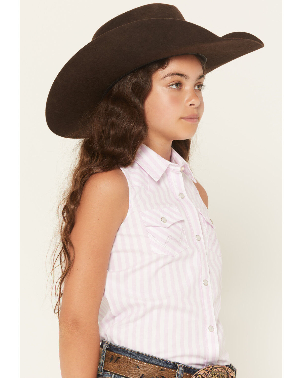 Image #2 - Wrangler Girls' Striped Sleeveless Pearl Snap Western Shirt, Pink, hi-res