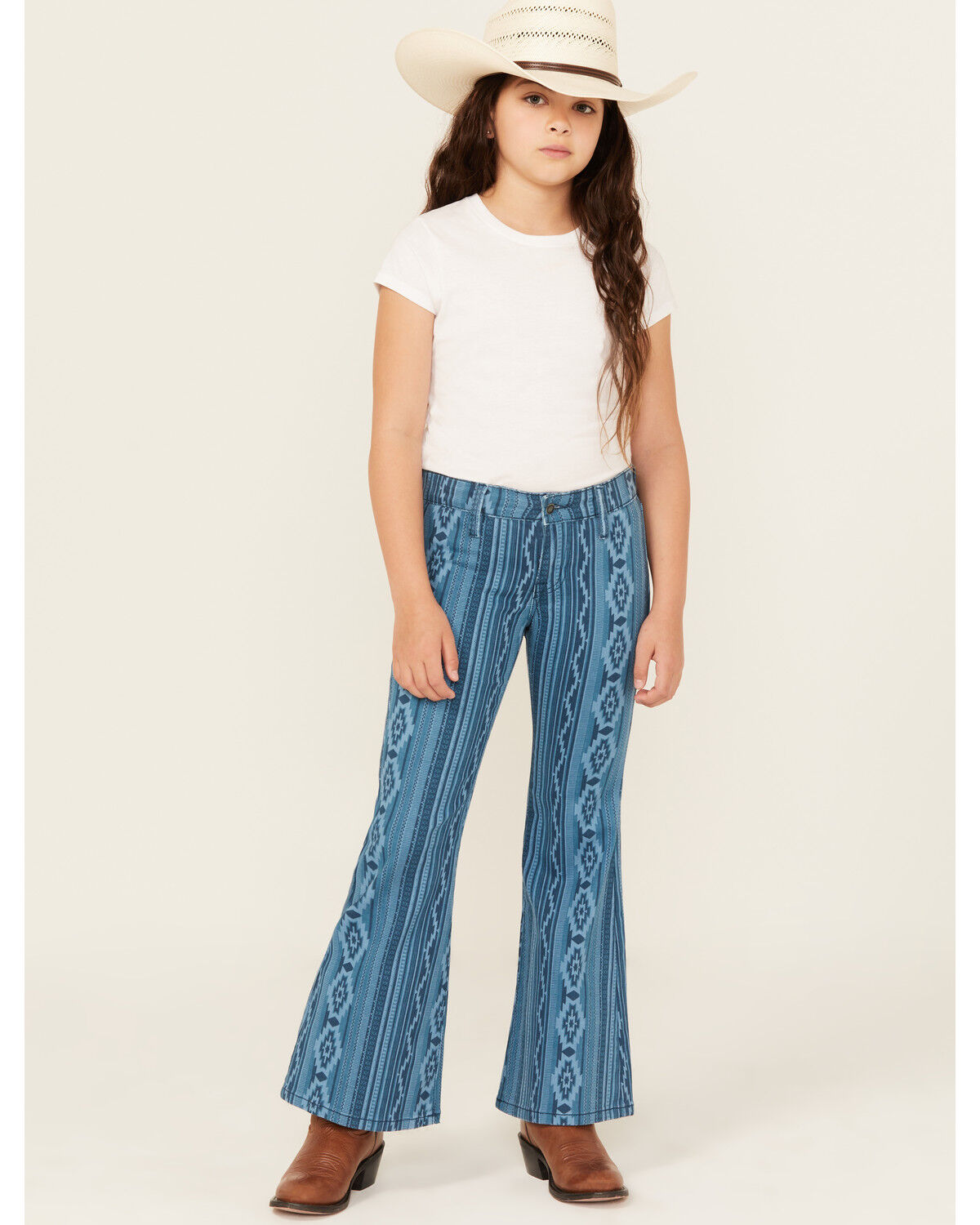 Image #1 - Rock & Roll Denim Girls' Southwestern Striped Flare Stretch Denim Jeans, Blue, hi-res
