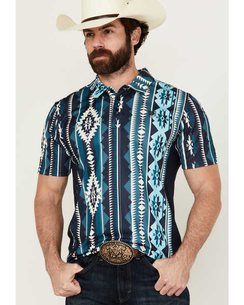 RANK 45® Men's Monrovia Southwestern Striped Short Sleeve Polo Shirt , Dark Blue, hi-res