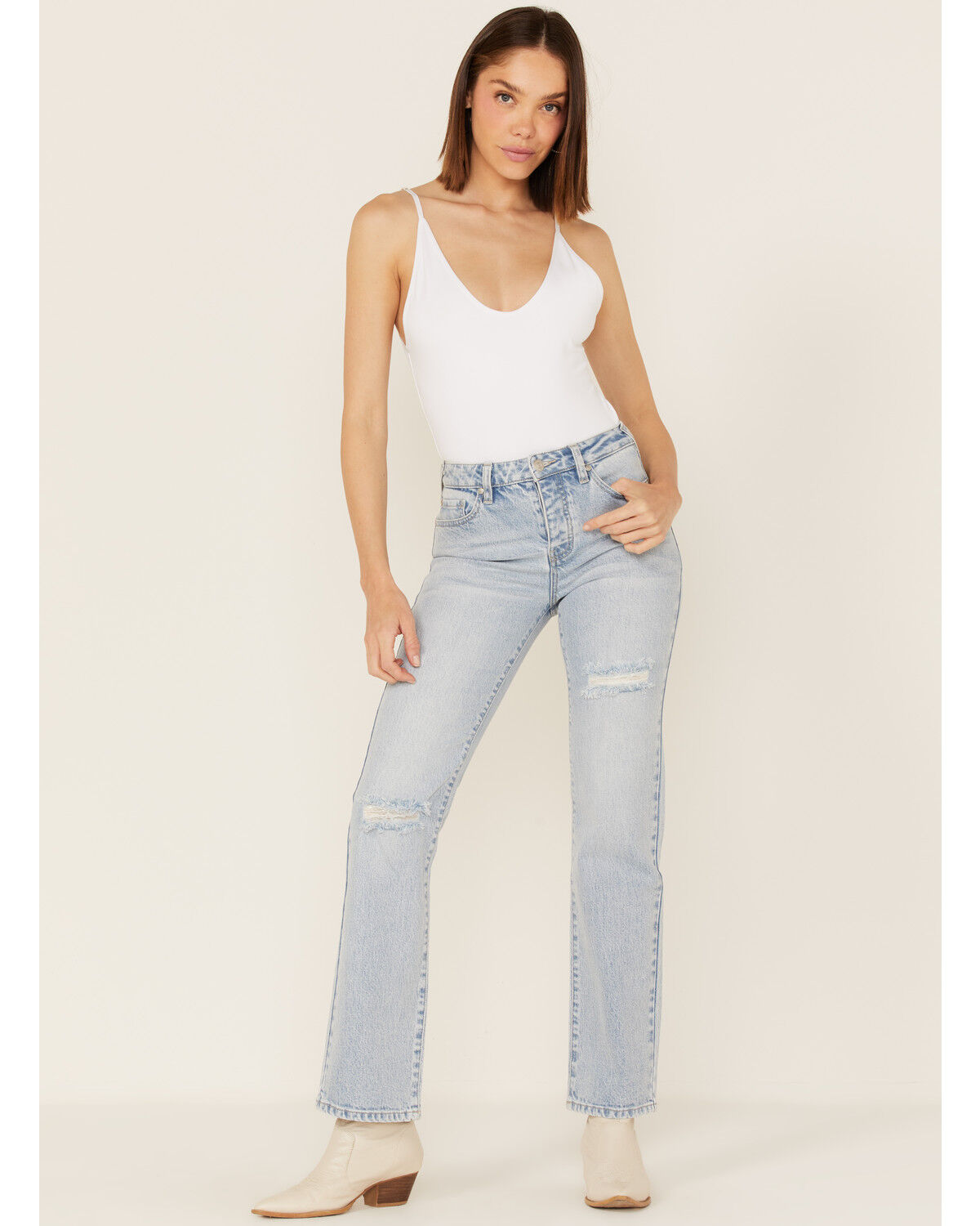 Image #1 - Cleo + Wolf Women's Light Wash High Rise Distressed Straight Jeans, Blue, hi-res