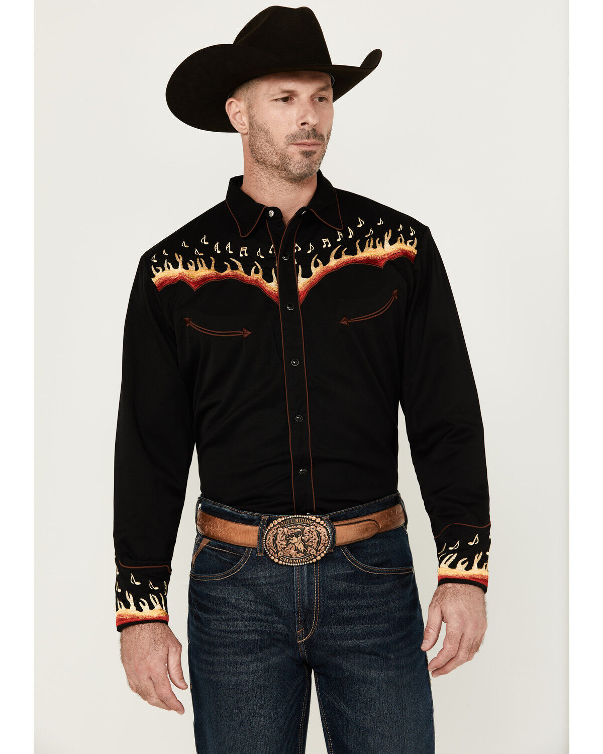 Image #1 - Scully Men's Music Note Flame Embroidered Long Sleeve Snap Western Shirt, Black, hi-res