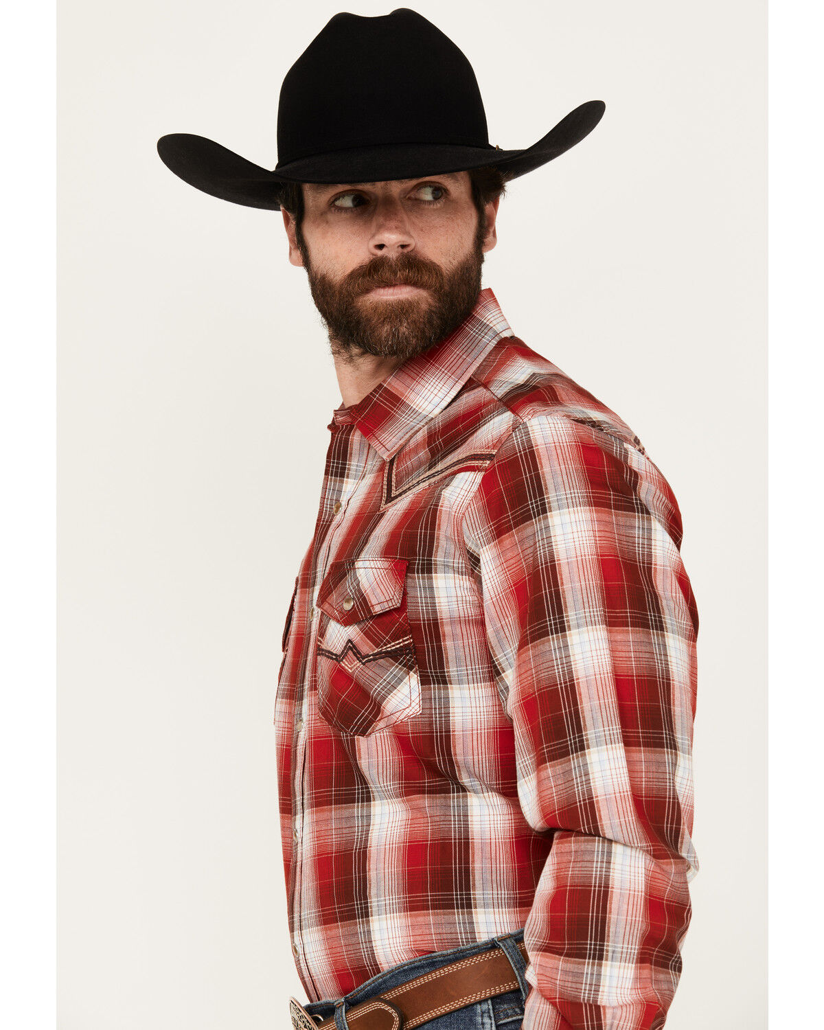 Image #2 - Rock 47 by Wrangler Men's Plaid Print Long Sleeve Snap Western Shirt, Red, hi-res