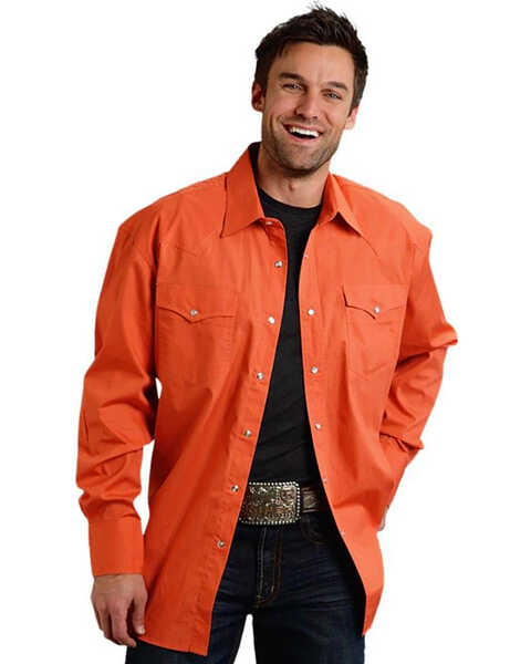 Roper Men's Basic Solid Long Sleeve Western Shirt, Orange, hi-res