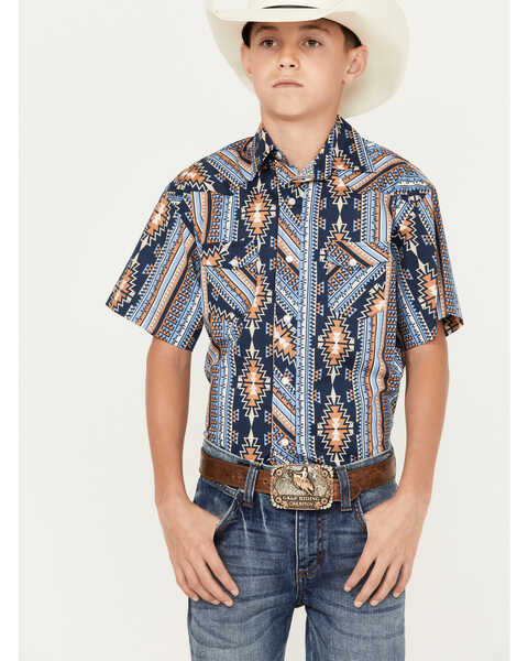 Rock & Roll Denim Boys' Southwestern Short Sleeve Pearl Snap Western Shirt, Multi, hi-res