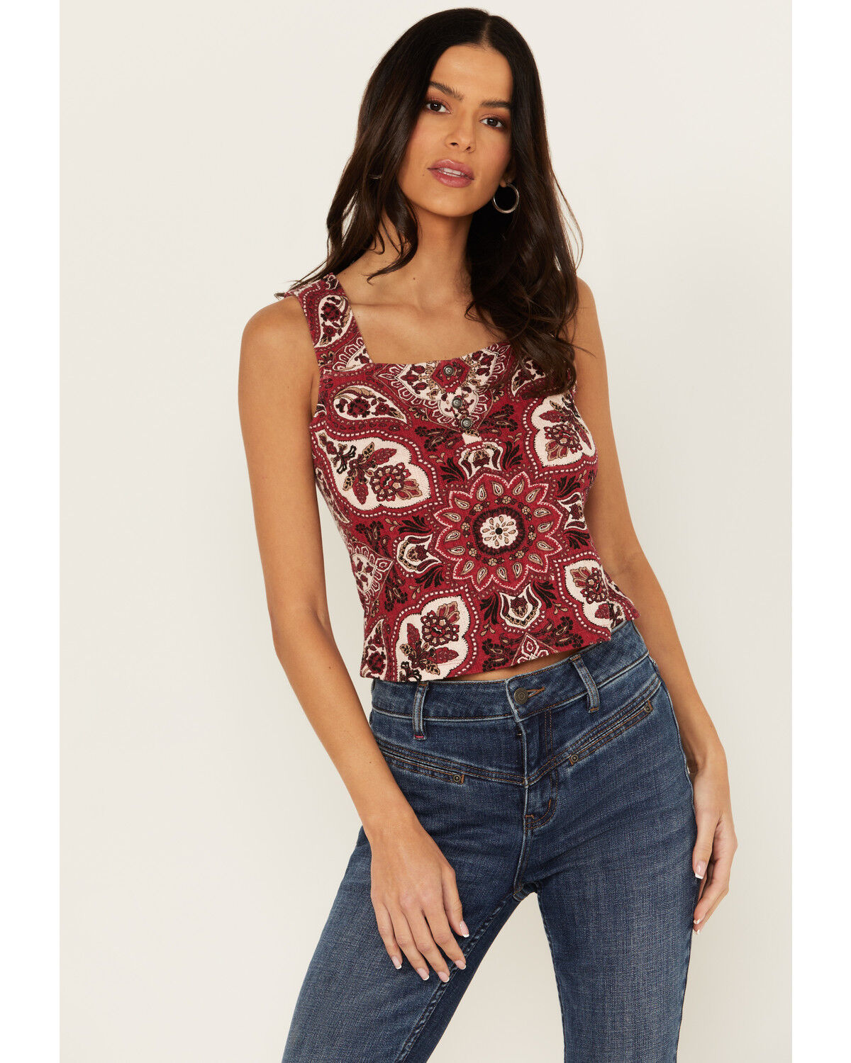 Image #1 - Idyllwind Women's Linmar Printed Button-Down Tank, Dark Red, hi-res