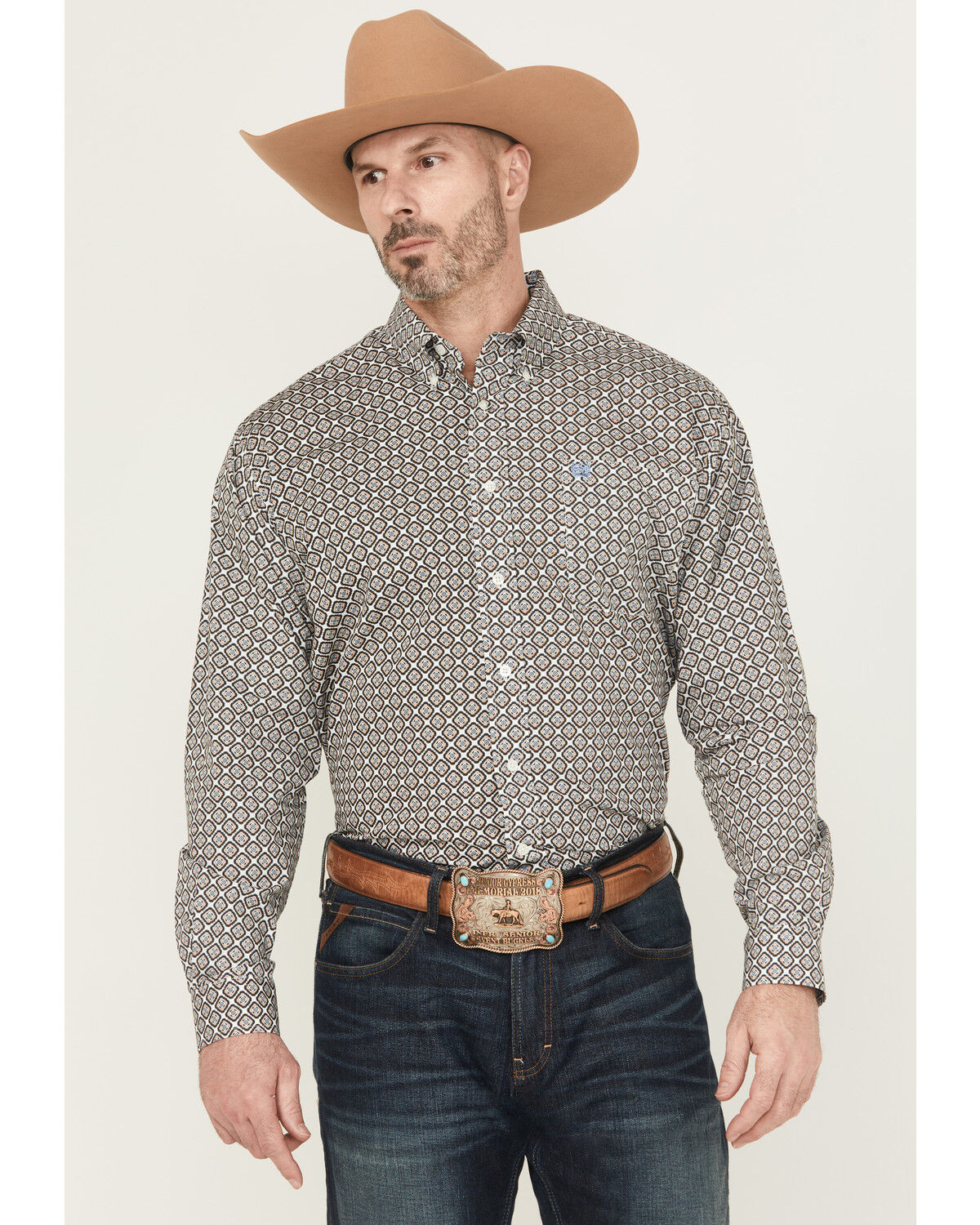 Image #1 - Cinch Men's Medallion Long Sleeve Button-Down Western Shirt, Cream, hi-res