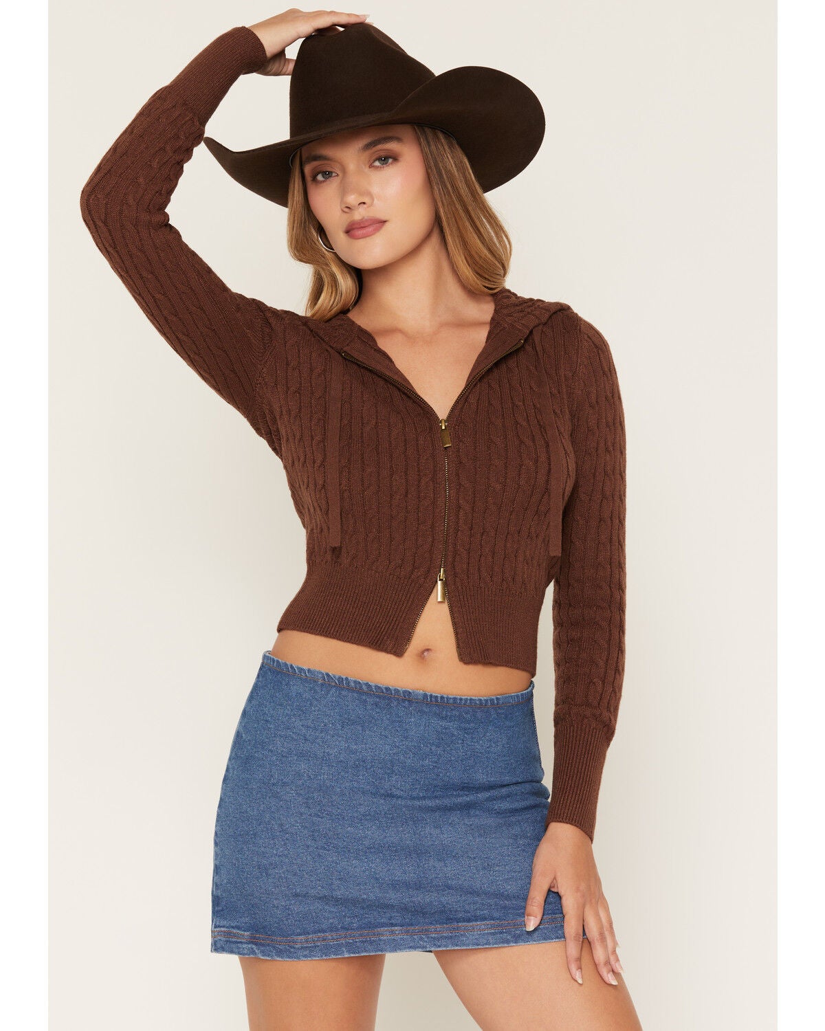 Cleo + Wolf Women's Zip-Up Sweater Hoodie, Brown, hi-res