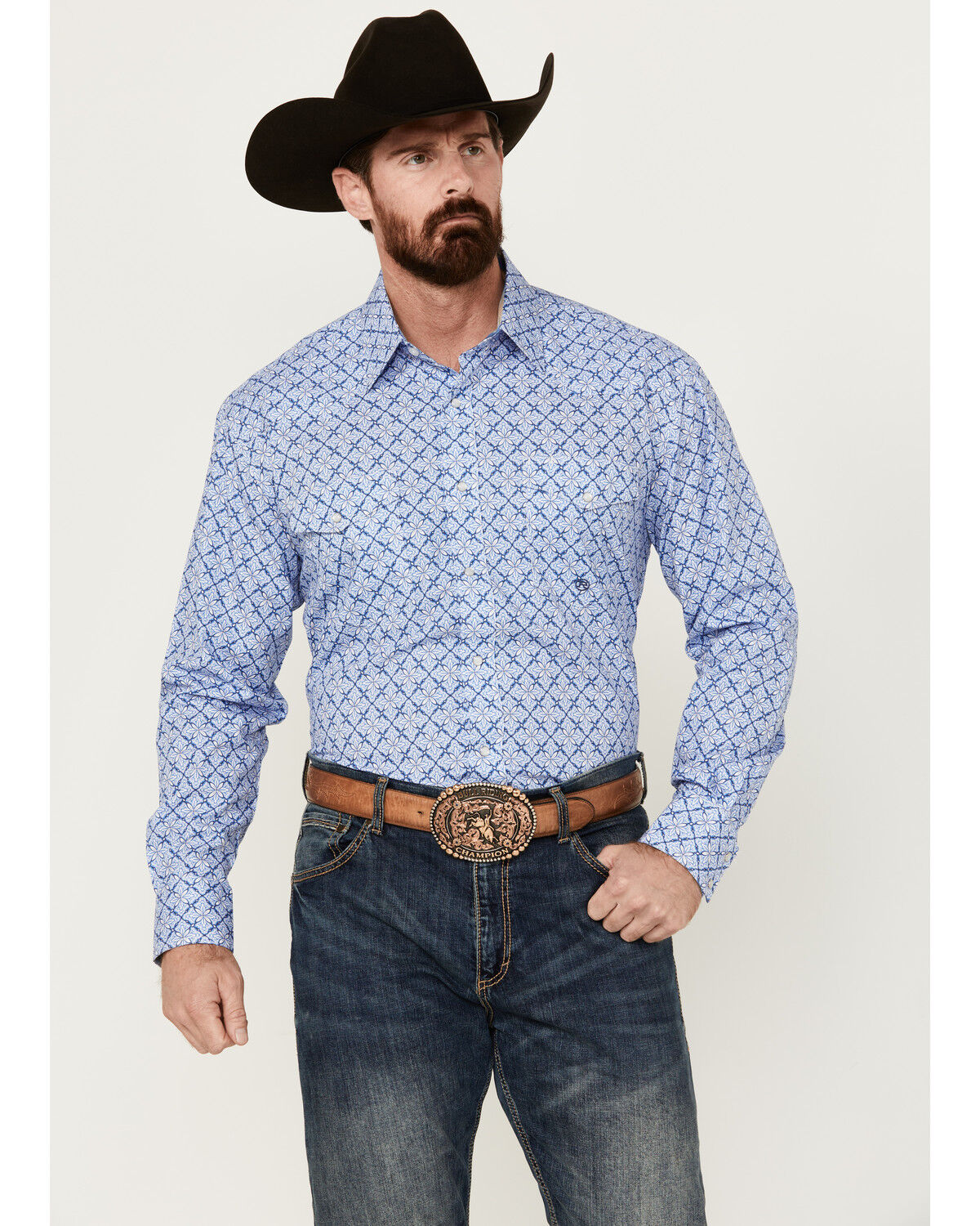 Image #1 - Roper Men's Amarillo Medallion Print Long Sleeve Pearl Snap Western Shirt, Blue, hi-res