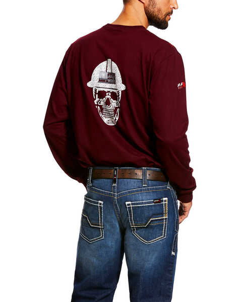 Image #2 - Ariat Men's FR Roughneck Skull Logo Crew Long Sleeve Work Tee - Tall , Red, hi-res