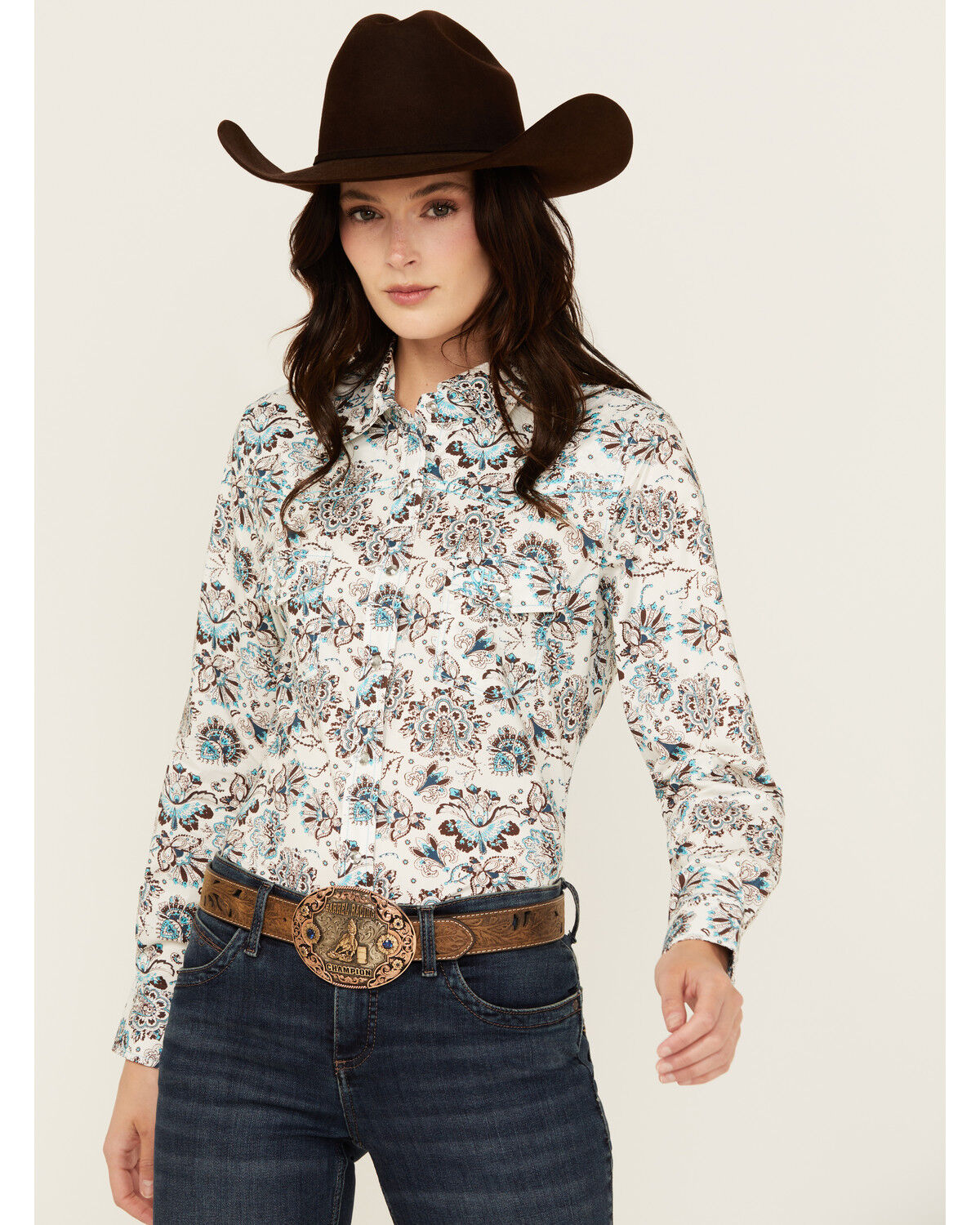 Image #1 - Cowgirl Hardware Women's Paisley Print Long Sleeve Snap Western Shirt, White, hi-res