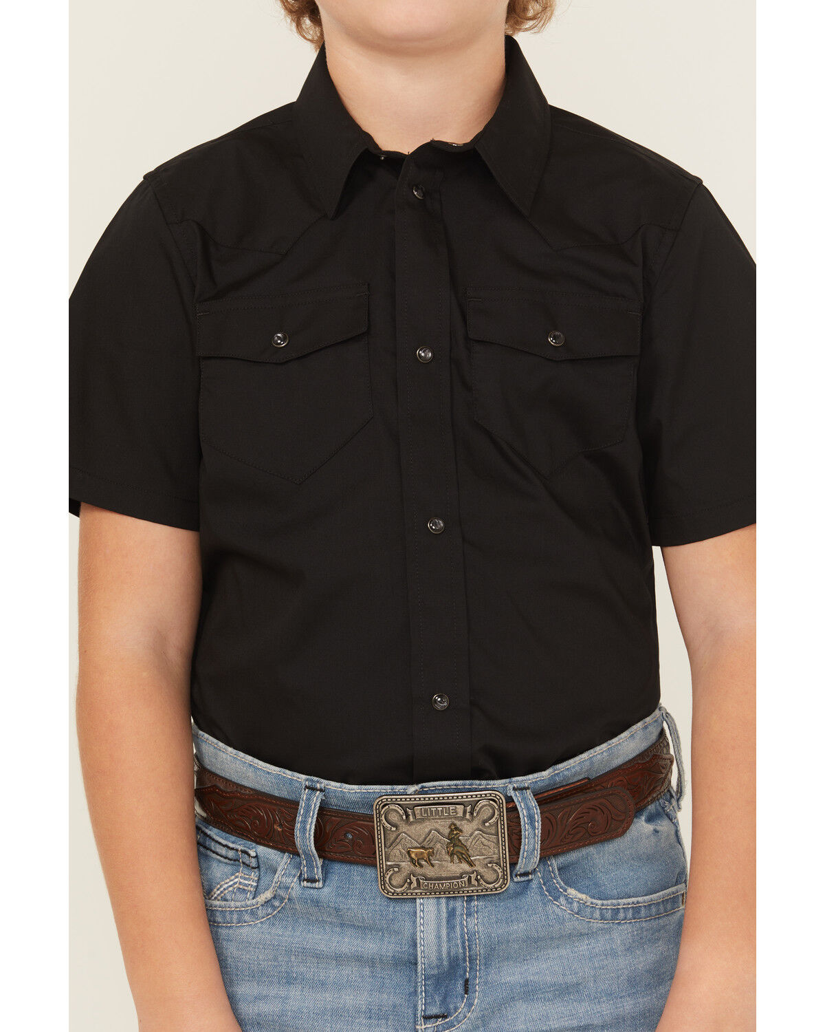 Image #2 - Gibson Trading Co Boys' Solid Short Sleeve Snap Stretch Western Shirt, Black, hi-res
