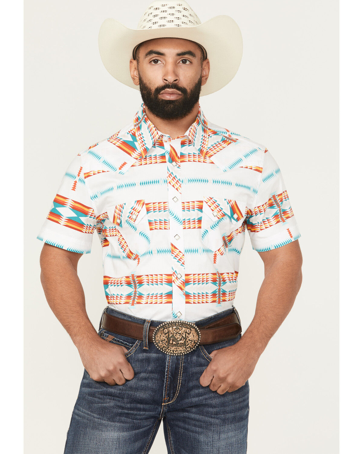 Image #1 - Rock & Roll Denim Men's Southwestern Print Short Sleeve Snap Stretch Western Shirt, White, hi-res