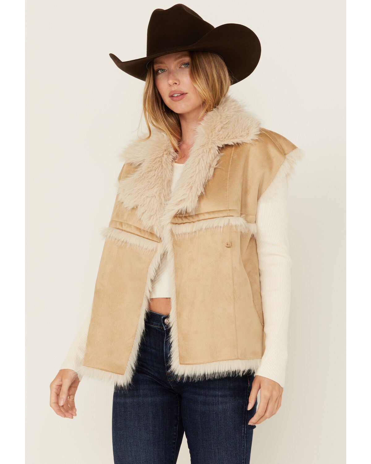 Revel Women's Faux Suede Fur Vest, Tan, hi-res