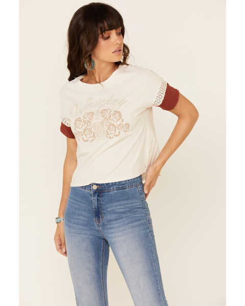 Image #1 - Shyanne Women's Sand Whiskey Lace Inset Graphic Tee , Sand, hi-res