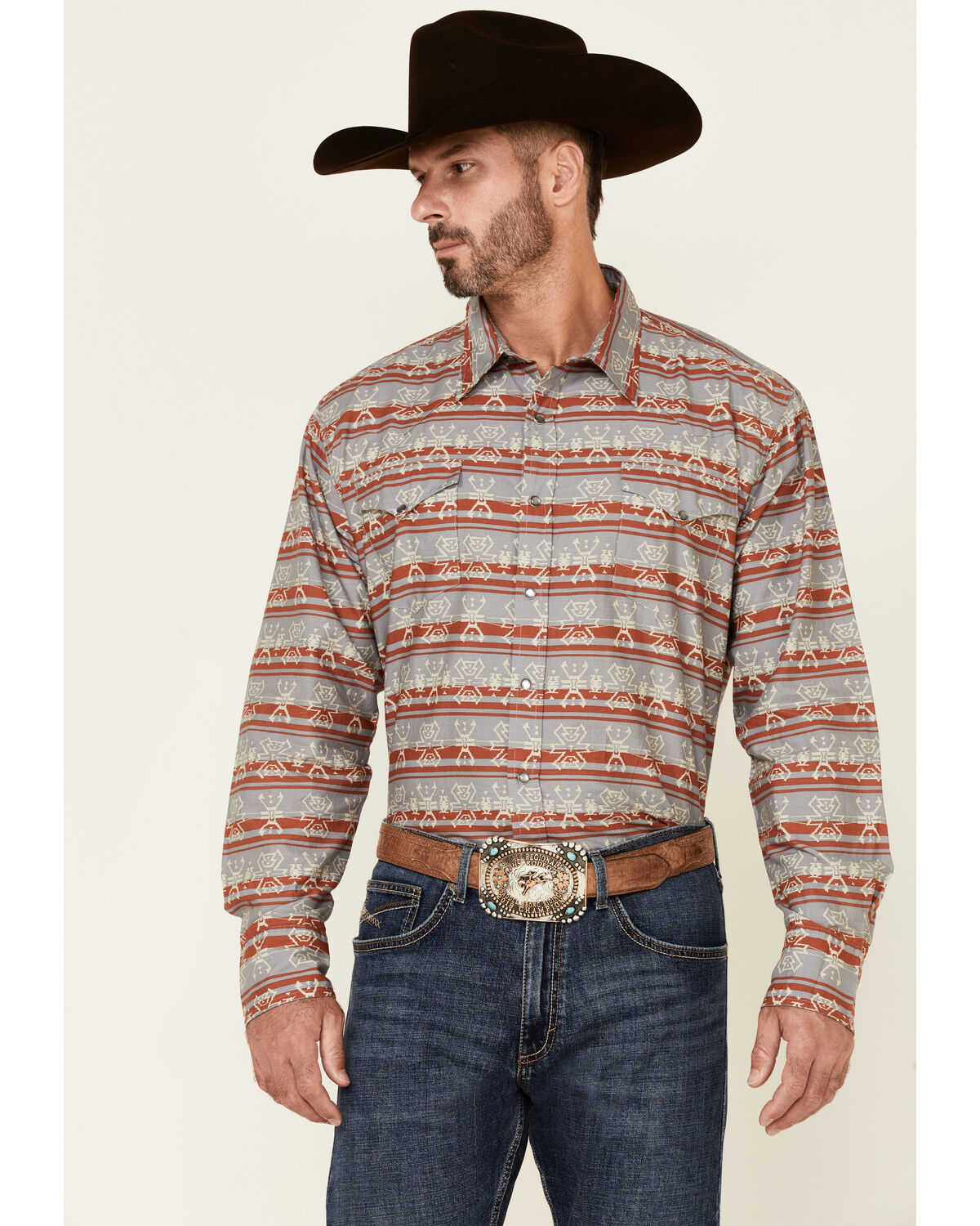Image #1 - Roper Men's Gray Southwestern Blanket Stripe Long Sleeve Pearl Snap Western Shirt, Grey, hi-res