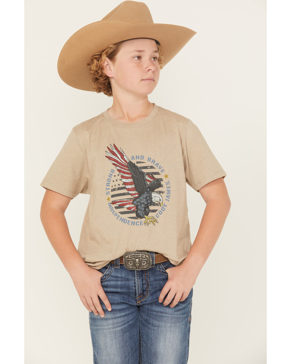 Image #1 - Cody James Boys' Hit Strong And Brave Short Sleeve Graphic T-Shirt, Tan, hi-res