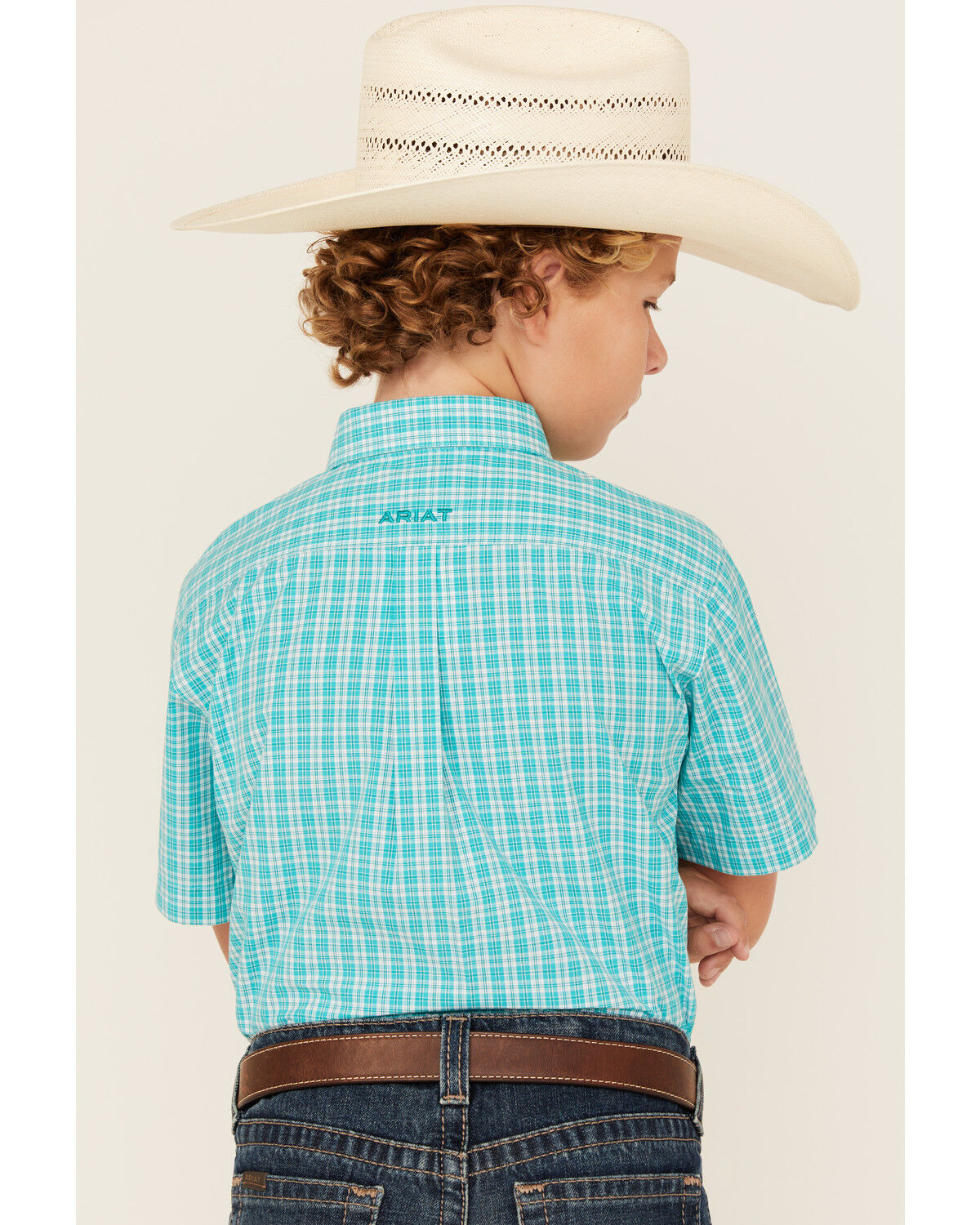 Image #4 - Ariat Boys' Pro Jensen Plaid Print Short Sleeve Button-Down Western Shirt, Turquoise, hi-res