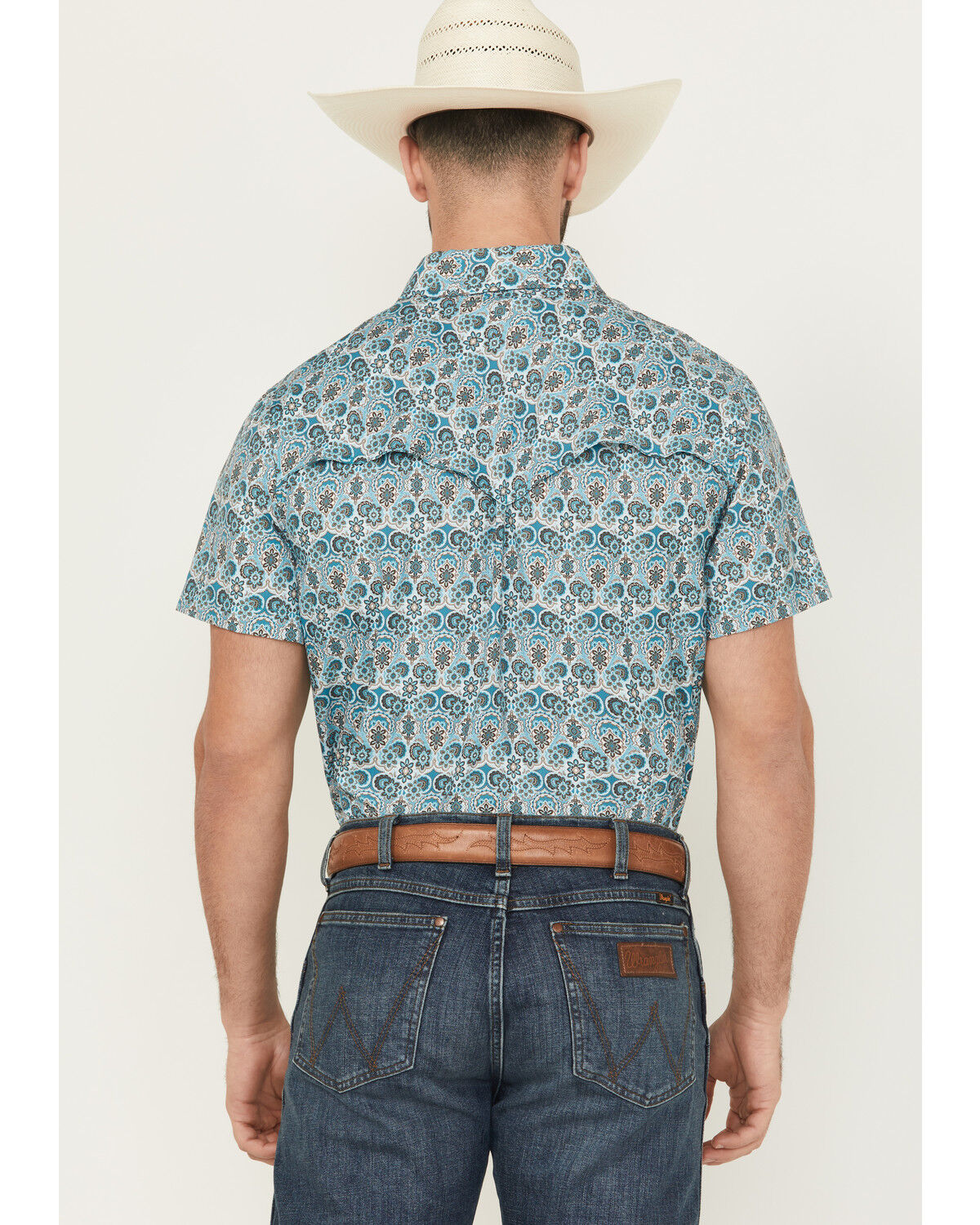 Image #4 - Rock & Roll Denim Men's Geo Floral Print Short Sleeve Pearl Snap Western Shirt, Teal, hi-res