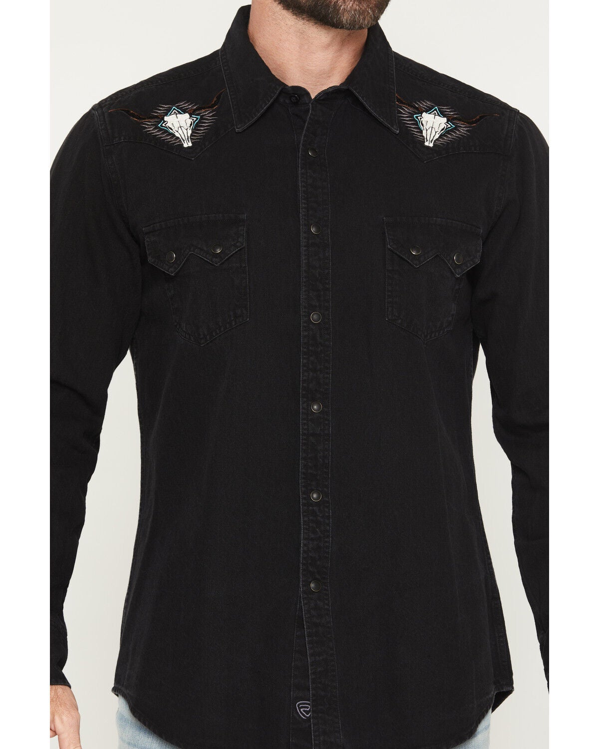 Image #3 - Rock & Roll Denim Men's Longhorn Embroidered Long Sleeve Snap Denim Shirt, Black, hi-res
