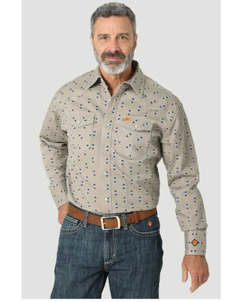 Image #1 - Wrangler 20X Men's FR Southwestern Geo Print Long Sleeve Pearl Snap Western Work Shirt, Tan, hi-res