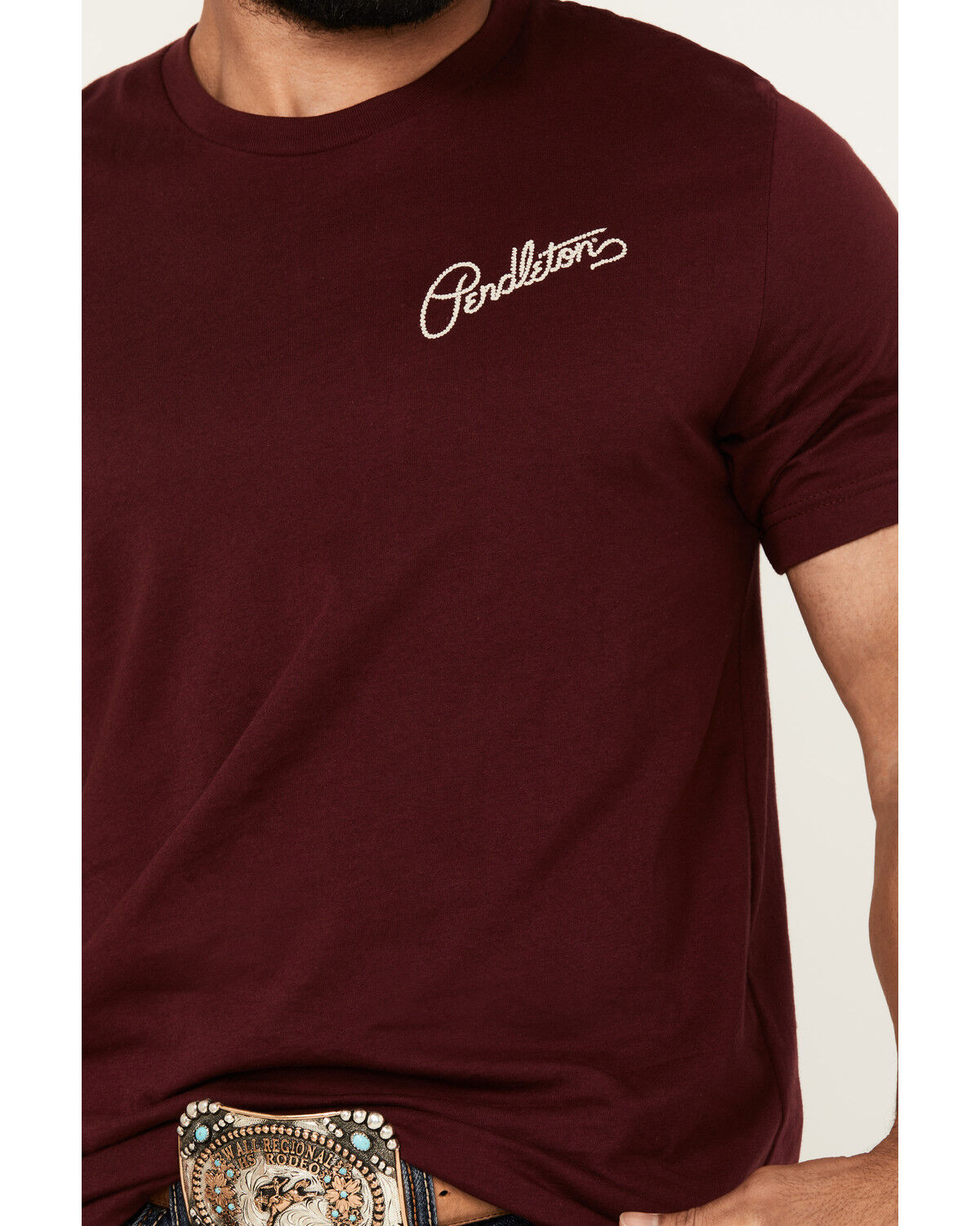 Image #4 - Pendleton Men's Boot Barn Exclusive Rancher Short Sleeve Graphic T-Shirt, Burgundy, hi-res