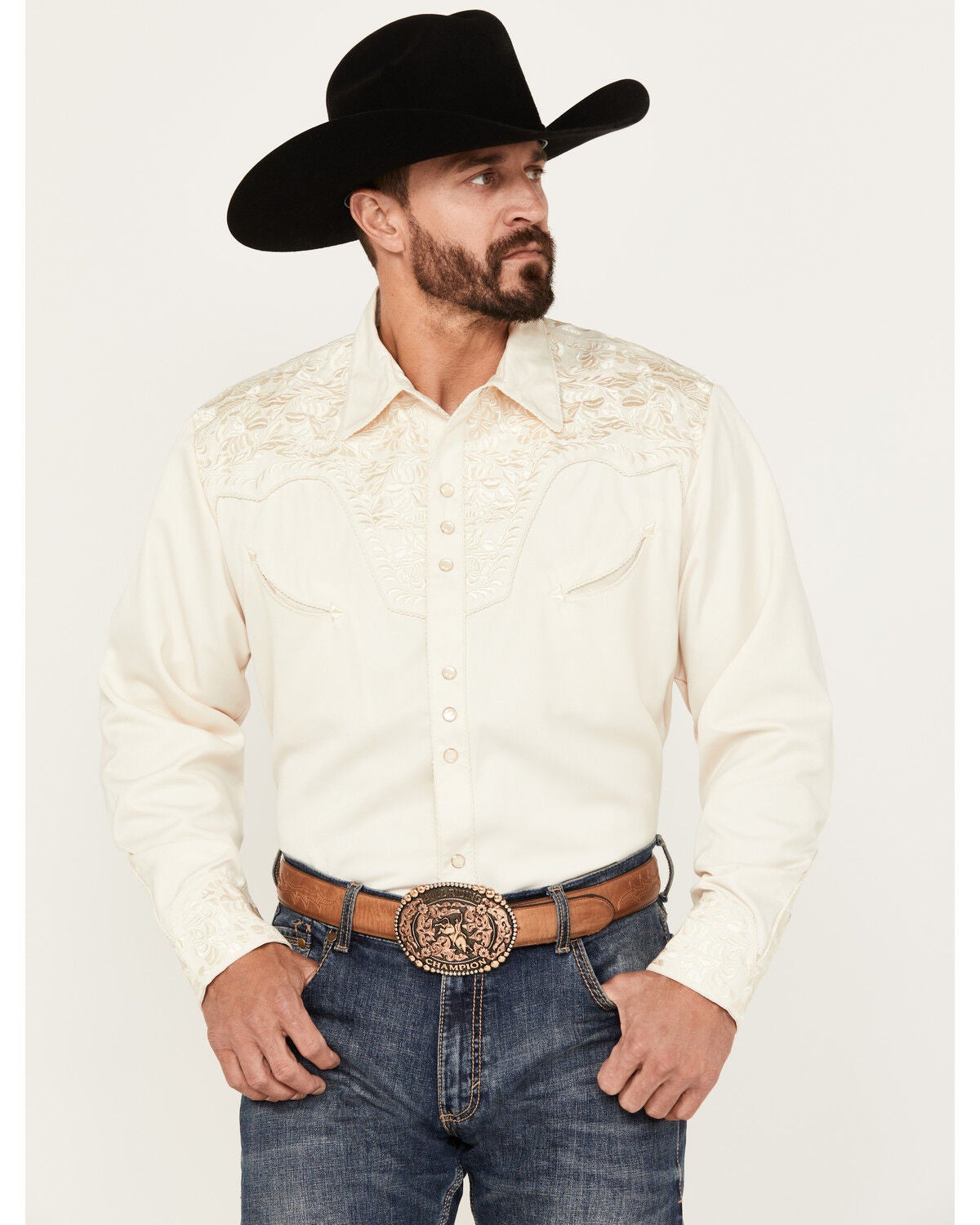Image #1 - Scully Men's Gunfighter Embroidery Long Sleeve Snap Western Shirt - 3X, Ivory, hi-res