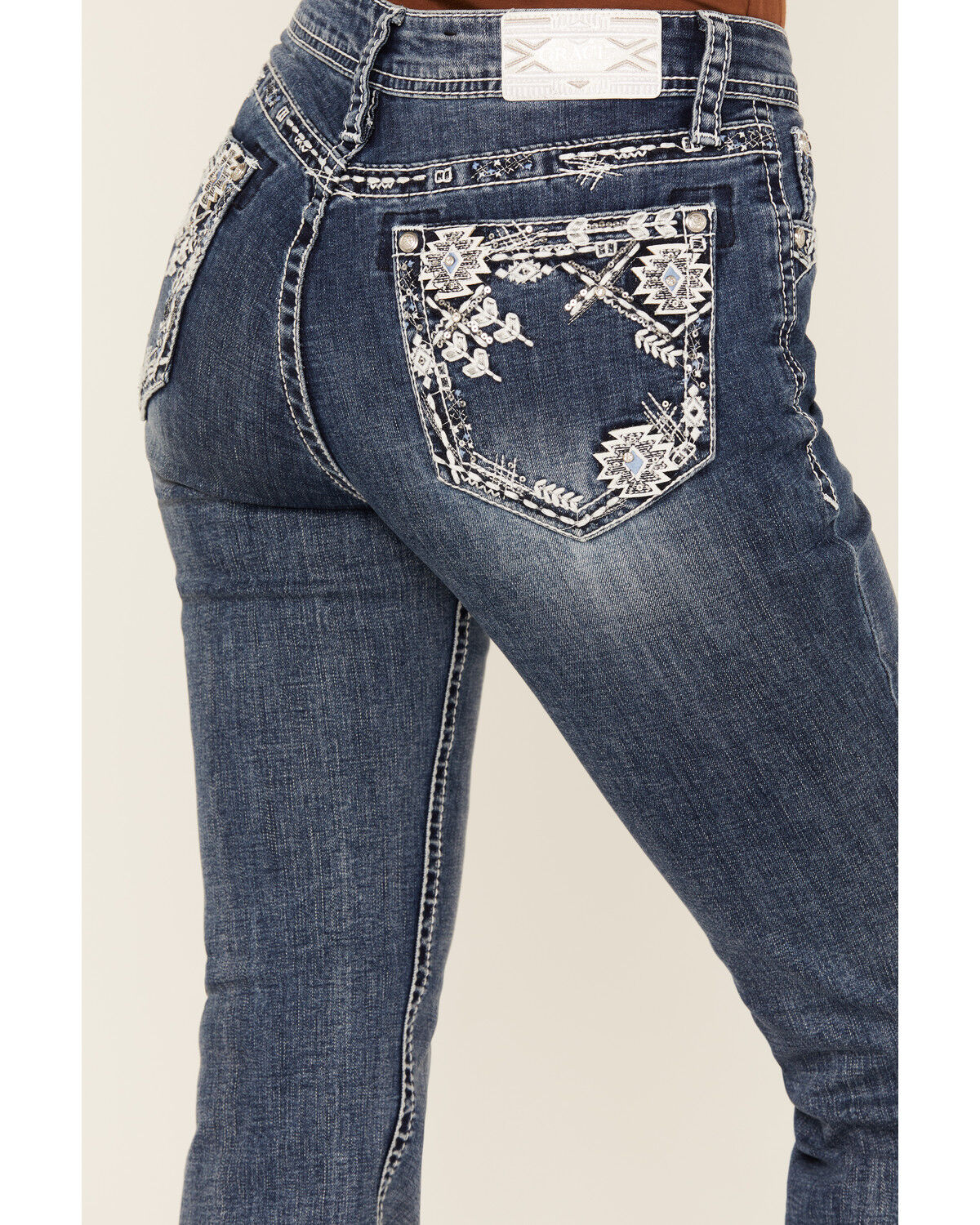 Image #2 - Grace In LA Women's Medium Wash Geo Print Embroidered Mid Rise Bootcut Stretch Denim Jeans, Medium Wash, hi-res
