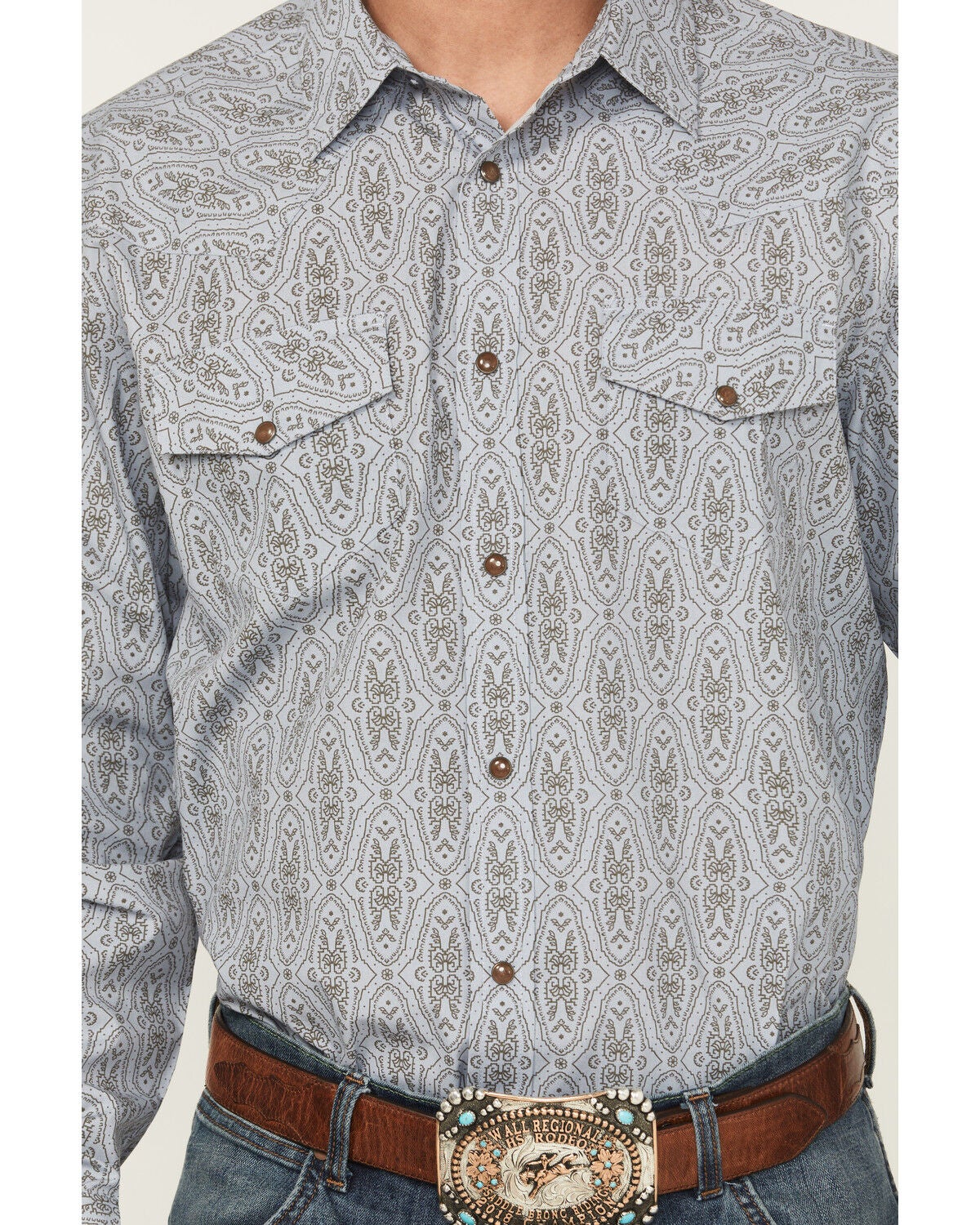 Image #3 - Gibson Trading Co Men's Ride The Wind Medallion Print Long Sleeve Snap Stretch Western Shirt, Light Blue, hi-res