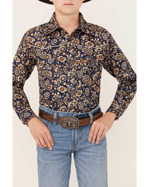 Image #3 - Cowboy Hardware Boys' Paisley Print Long Sleeve Snap Western Shirt , Navy, hi-res
