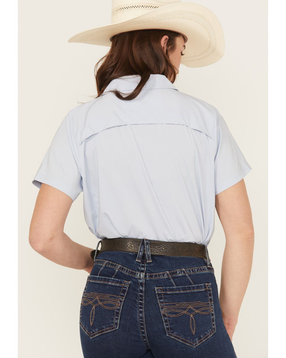 Image #4 - Ariat Women's VentTEK Solid Short Sleeve Button-Down Stretch Western Shirt, Light Blue, hi-res