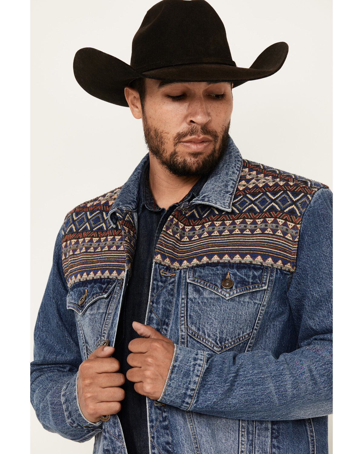 Image #2 - Cody James Men's Gaucho Southwestern Print Yoke Stretch Denim Jacket, Dark Wash, hi-res