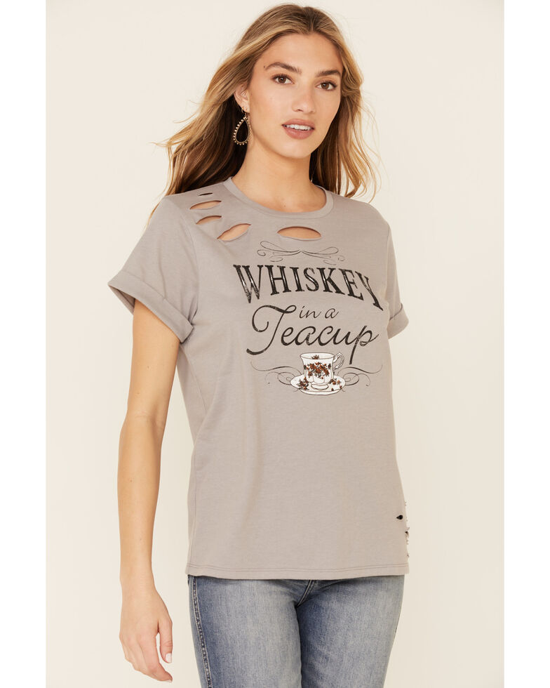 Cut & Paste Women's Whiskey In A Teacup Graphic Distressed Short Sleeve Tee , Grey, hi-res