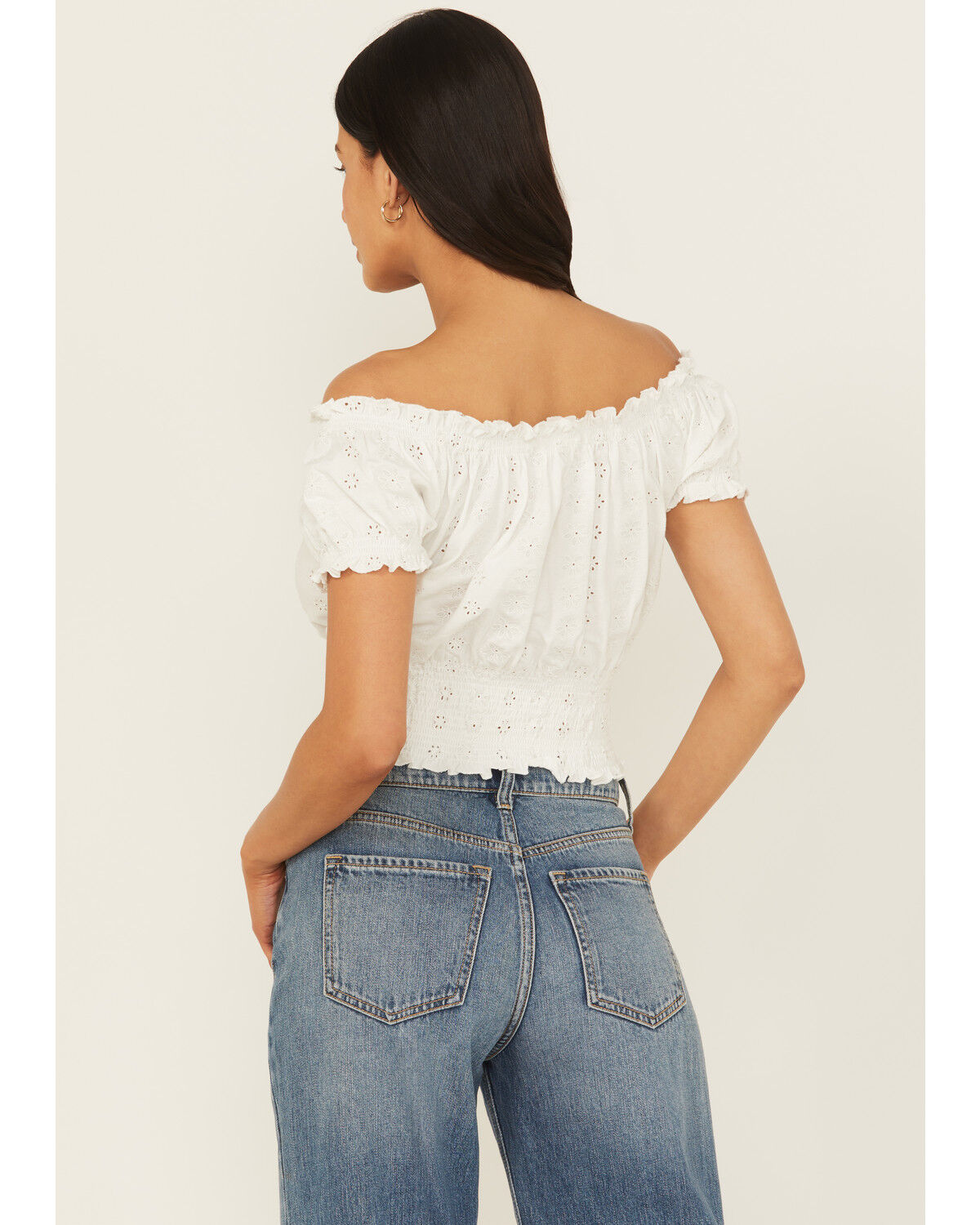 Image #4 - Cleo + Wolf Women's Eyelet Smocked Short Sleeve Crop Top, Ivory, hi-res