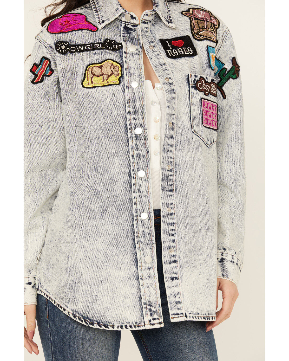 Image #3 - Blue B Women's Western Patchwork Snap Denim Shacket, Light Wash, hi-res