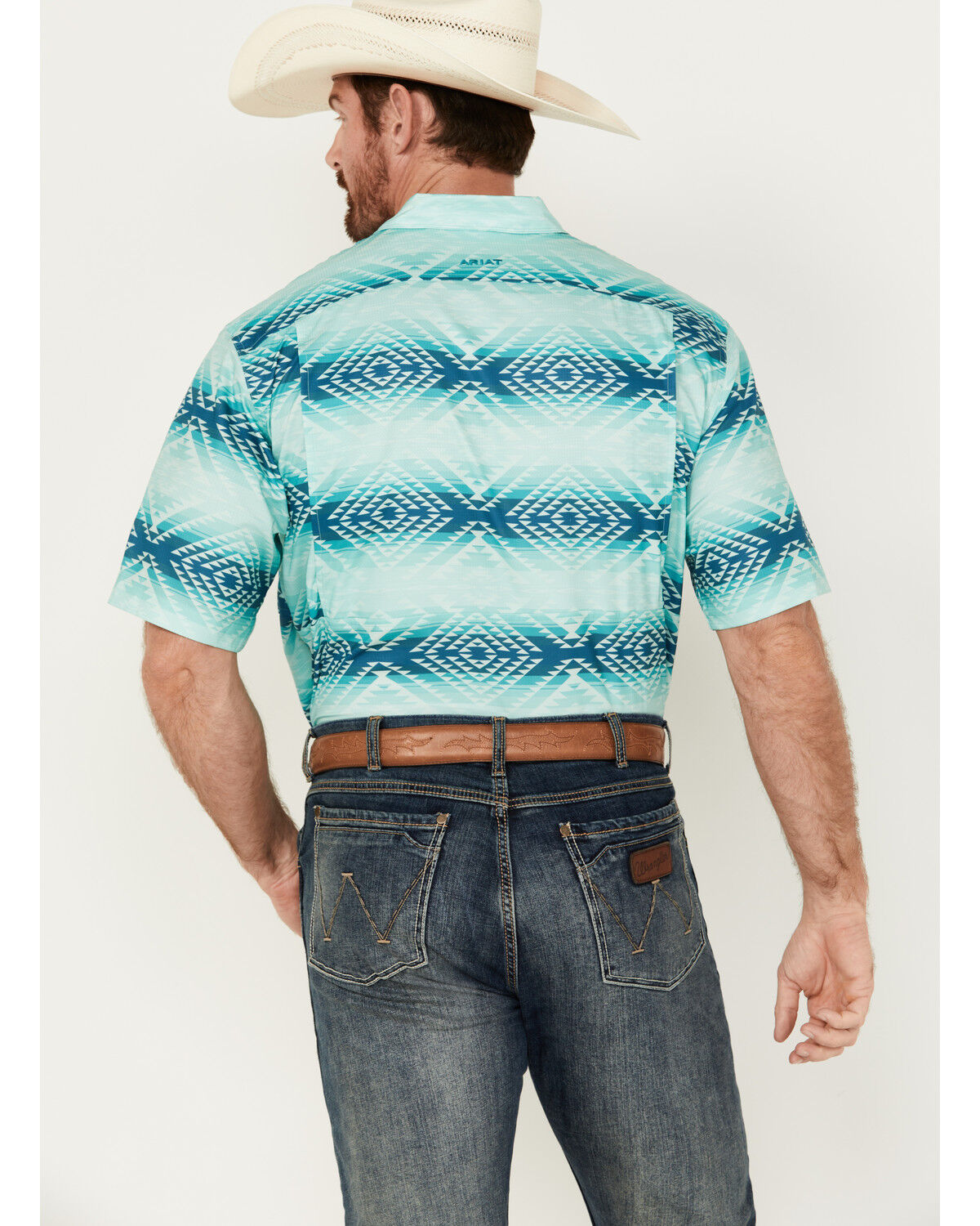 Image #4 - Ariat Men's VentTEK Classic Fit Southwestern Striped Short Sleeve Performance Shirt - Tall, Aqua, hi-res